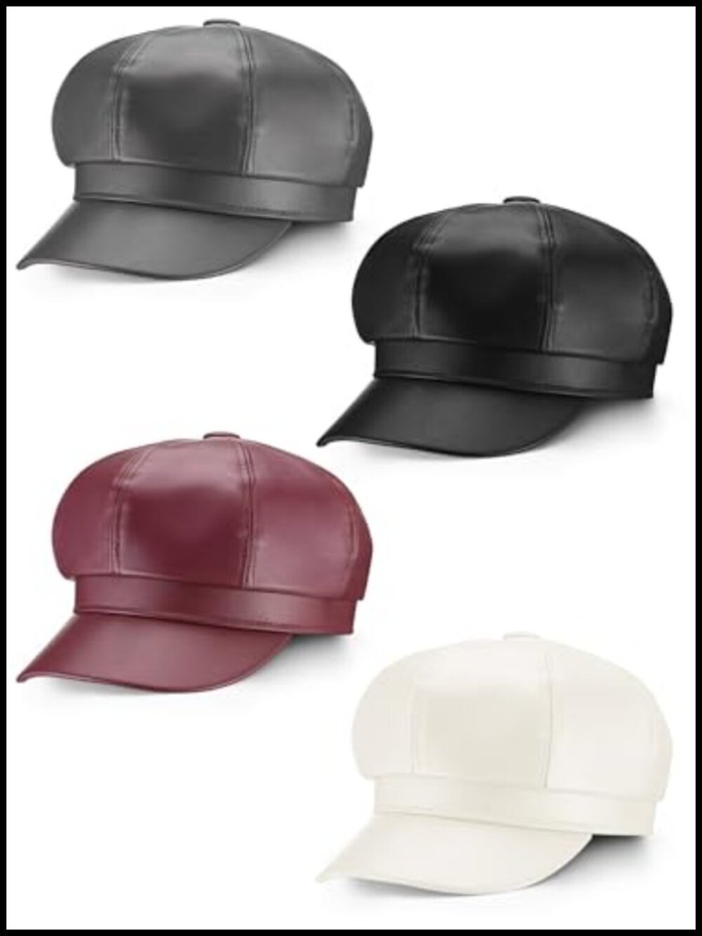 4 Pack PU Leather Newsboy Beret Hat Adjustable Baker Boy Cap